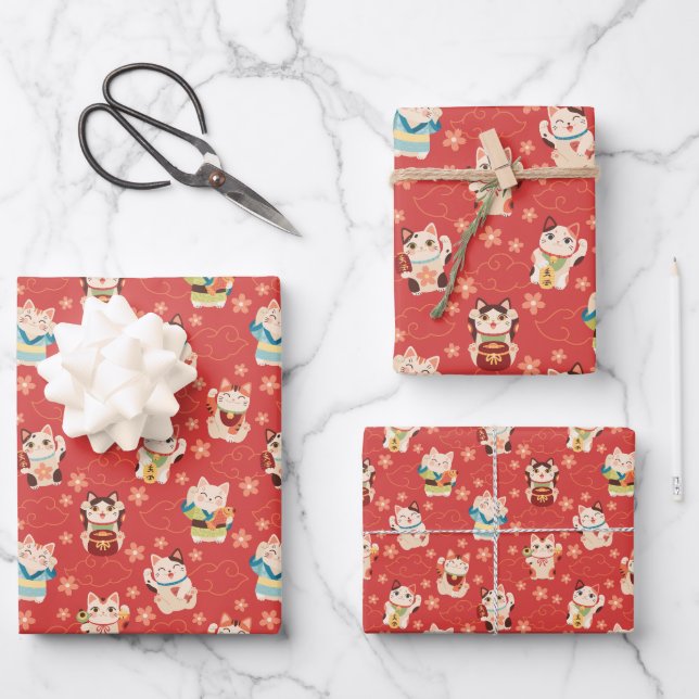 Ensemble de papier d'emballage Chats Lucky Maneki  (Recto)