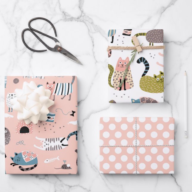 Ensemble de papier d'emballage de 3 chats mignons  (Recto)