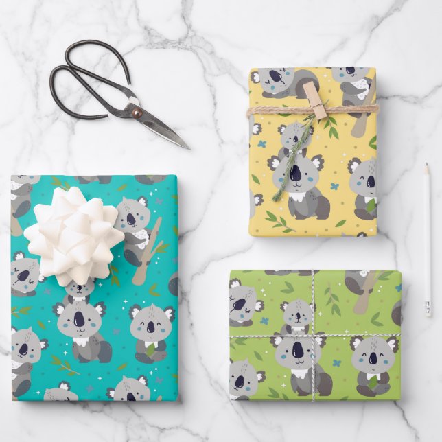 Ensemble de papier d'emballage de 3 ours koalas ad (Recto)