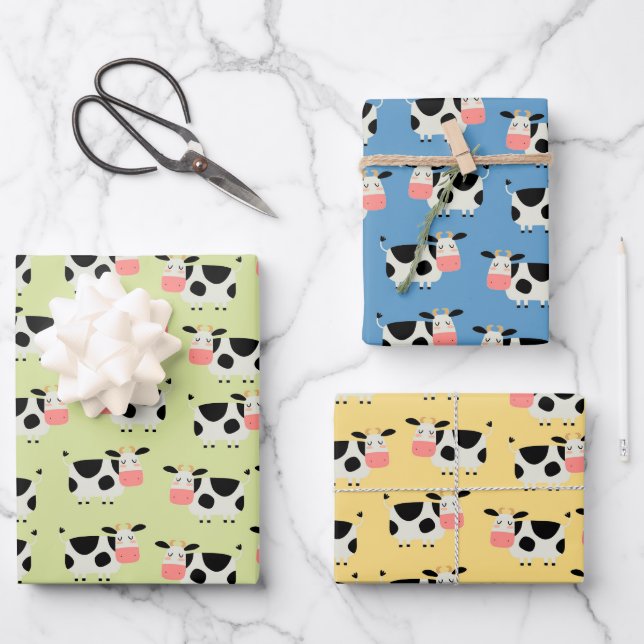 Ensemble de papier d'emballage de 3 vaches de ferm (Recto)