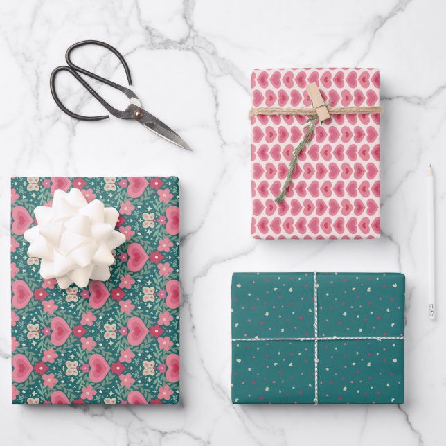 Ensemble de papier d'emballage de fêtes – Cœurs &  (Recto)