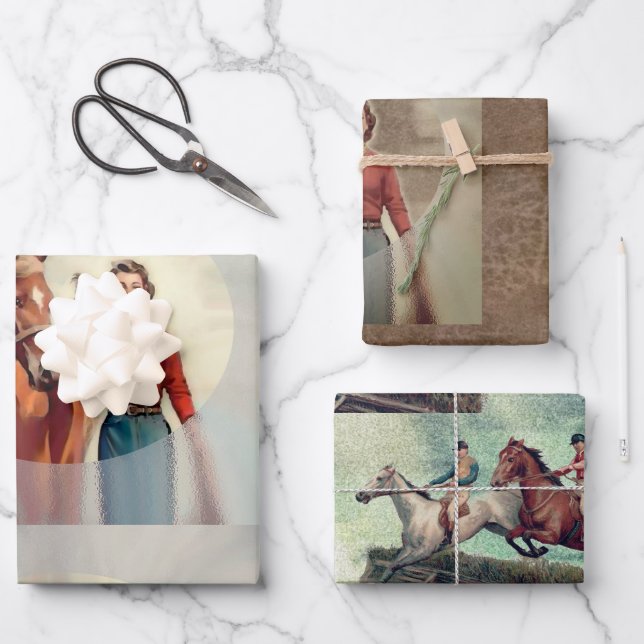 Ensemble de papier d'emballage équestre vintage (Recto)