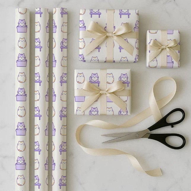 Ensemble de papier d'emballage Kawaii Lavande Chat (Kawaii Lavender Cat Chonky Wrapping Paper Bundle)
