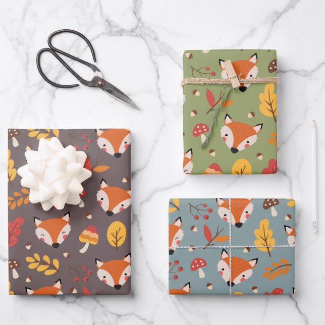 Ensemble de papier d'emballage Renards d'automne (Recto)