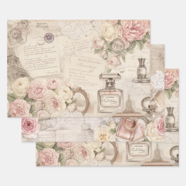 Ensemble de papier d'emballage vintage Paris Rose (Lot)
