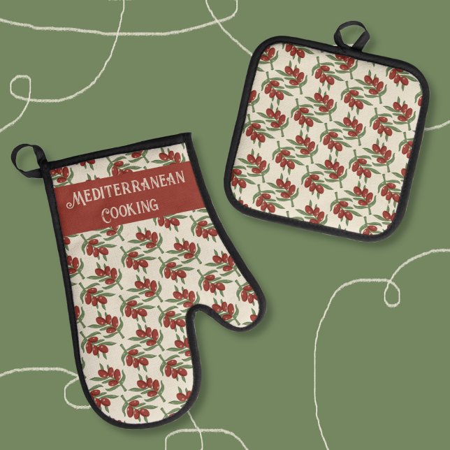 Ensemble de porte-pots et de Mitt Motif rouge Oliv (Red olive pattern oven mitt and pot holder set .)