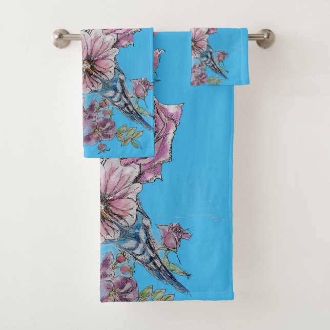 Ensemble de serviettes bleu Bugie Budgerigar Rose  (En situation)