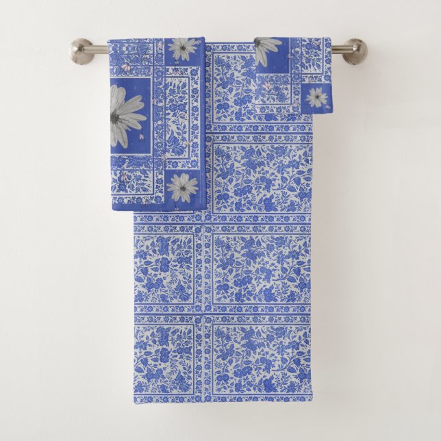 Ensemble de serviettes de bain bleu gris floral (En situation)