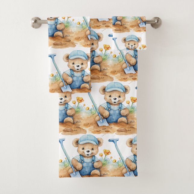 Ensemble de serviettes de bain bleu Teddy Bear Boy (En situation)