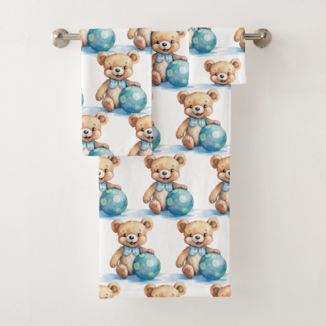 Ensemble de serviettes de bain bleu Teddy Bear Boy (En situation)
