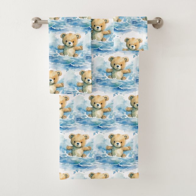 Ensemble de serviettes de bain bleu Teddy Bear Boy (En situation)