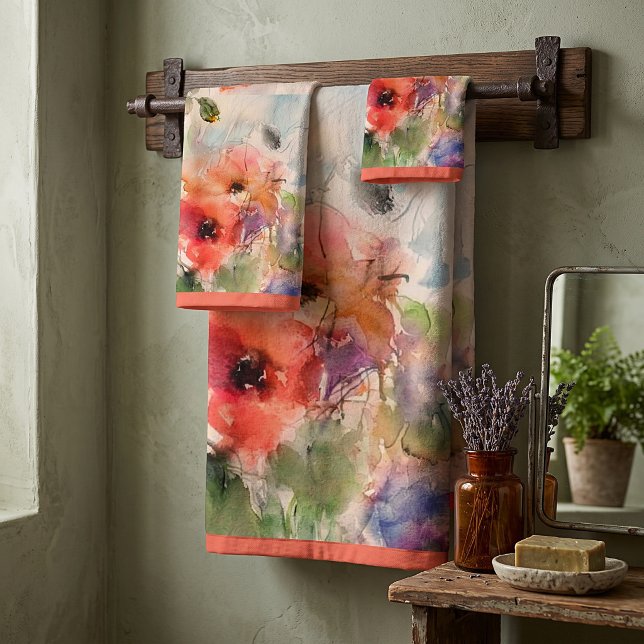 Ensemble de serviettes de bain coquelicots aquarel (Créateur téléchargé)