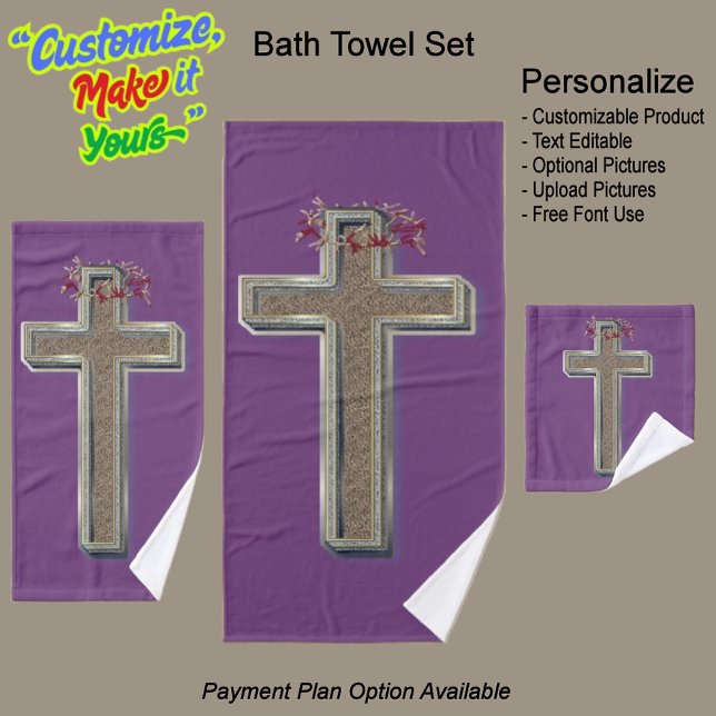 Ensemble de serviettes de bain croisées Arrière -  (Cross Bathroom Towel Set Featuring a Purple Background.)