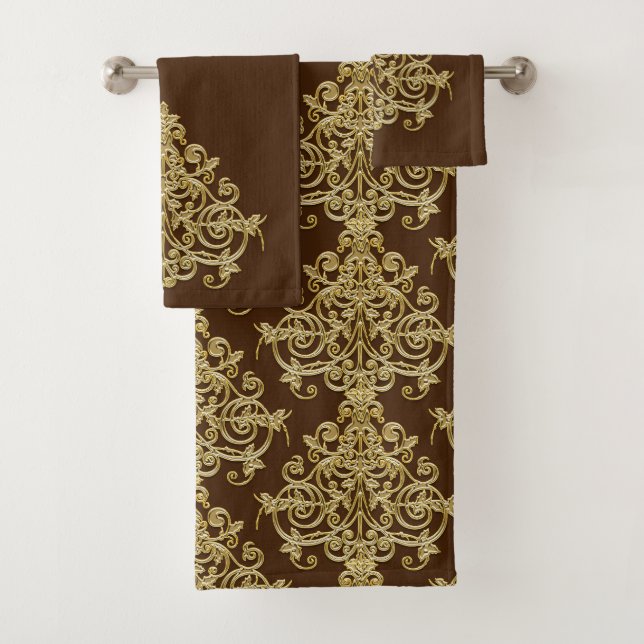 Ensemble de serviettes de bain en damas or et marr (En situation)