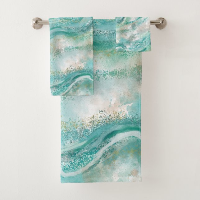 Ensemble de serviettes de bain en marbre turquoise (En situation)