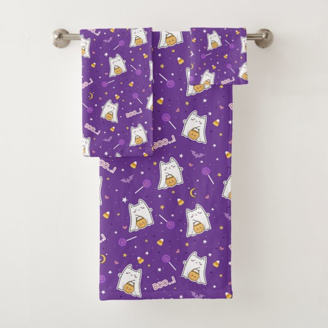 Ensemble de serviettes de bain Halloween Cat Ghost (En situation)