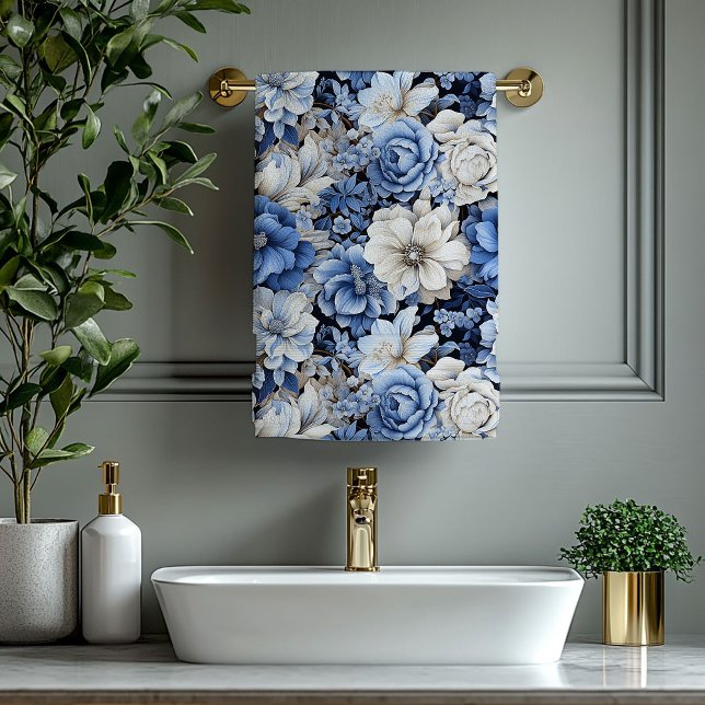Ensemble de serviettes de bain luxueuses à fleurs  (Luxurious Navy Blue Flowers Bath Towel)