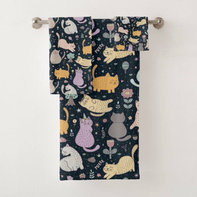 Ensemble de serviettes de bain motif chats et fleu (En situation)