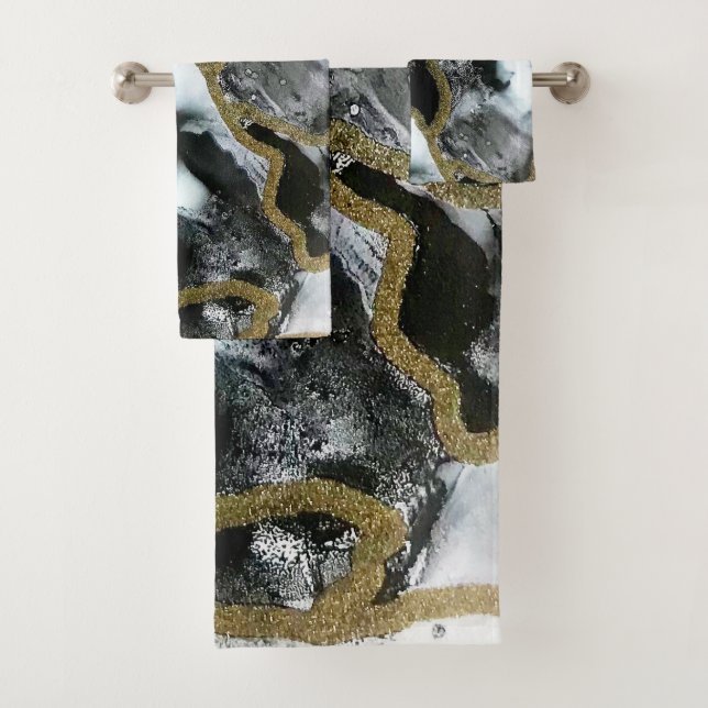Ensemble de serviettes de bain noir, blanc et or | (En situation)
