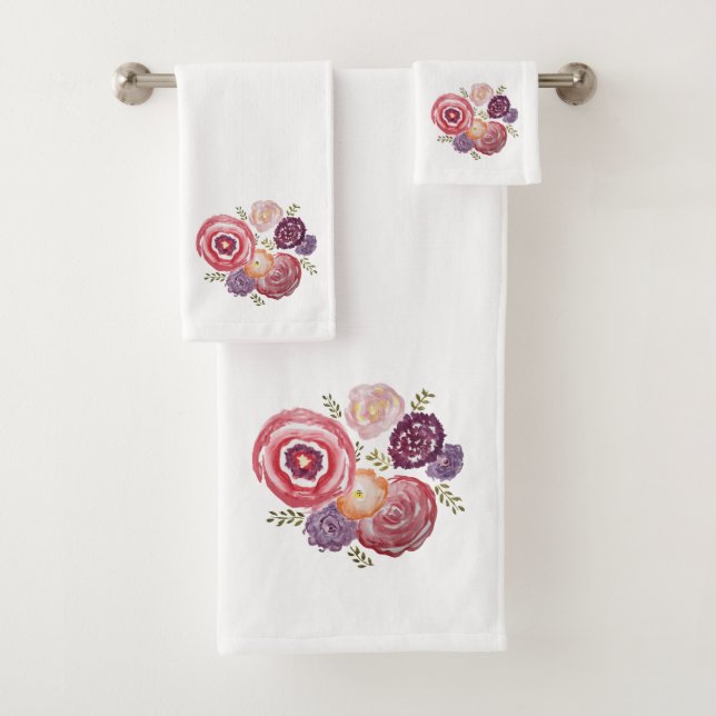Ensemble de serviettes de bain peintes en fleurs (En situation)