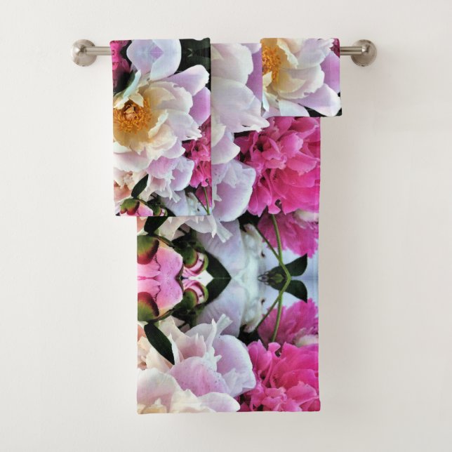 Ensemble de serviettes de bain - pivoines rose et  (En situation)