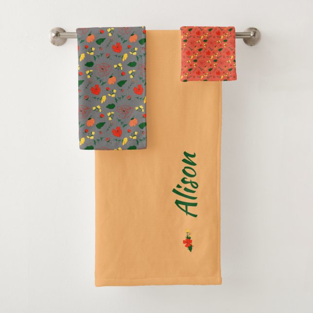 ensemble de serviettes de bain rouge blanc vert fl (En situation)