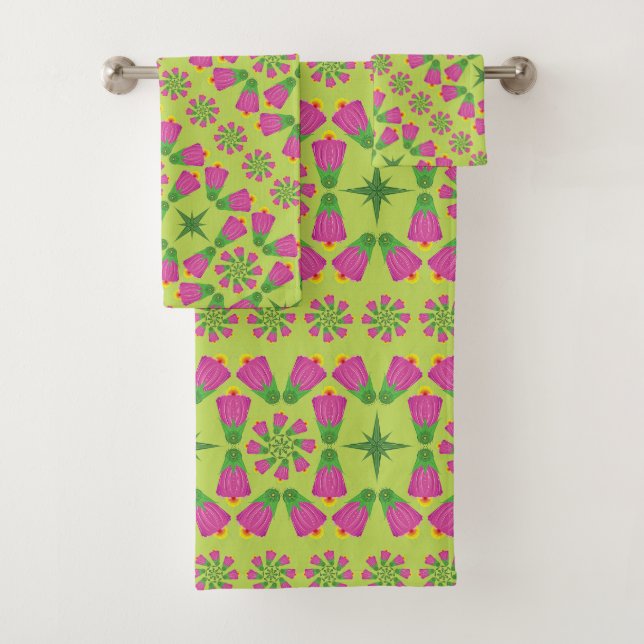 Ensemble de serviettes de bain vertes Mandalas Fle (En situation)
