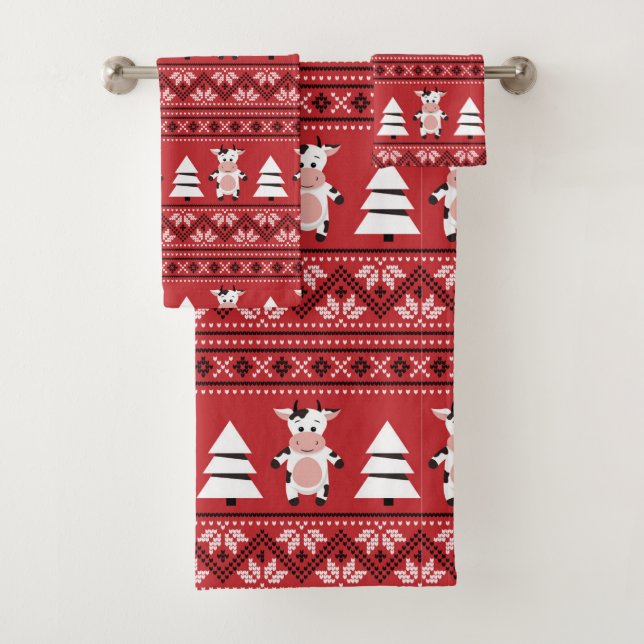 Ensemble de serviettes de Noël avec vaches mignonn (En situation)