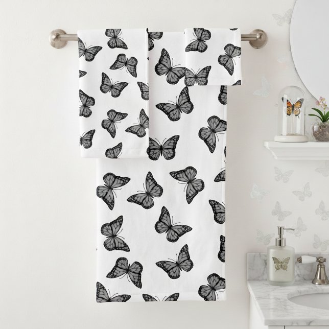 Ensemble de serviettes de salle de bain Papillons  (Black and white bathroom towel set for butterfly lovers. 🦋)