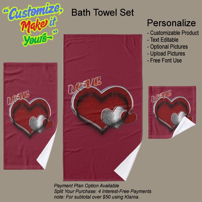 Ensemble de serviettes de toilette Heart Magic Mar (Heart Magic Bathroom Towel Set Featuring a Maroon Background.)