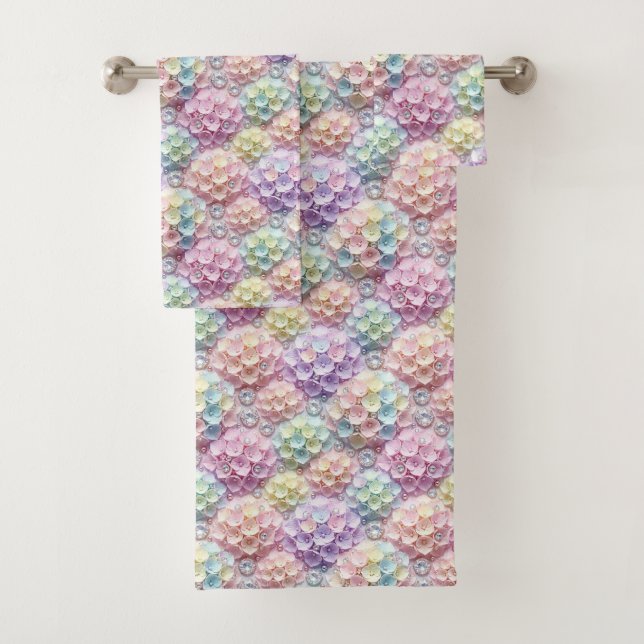 Ensemble de serviettes hydrangeas pastel et diaman (En situation)