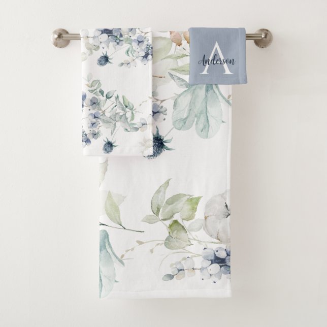 Ensemble de serviettes monogrammées florales bleu  (En situation)