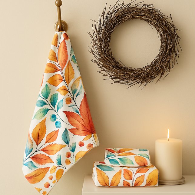 Ensemble de serviettes orange sarcelle or feuilles (Ai generated mockup  designed by Susang6)
