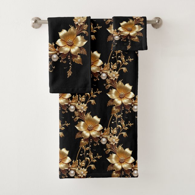 Ensemble de serviettes ornementales à fleurs dorée (En situation)