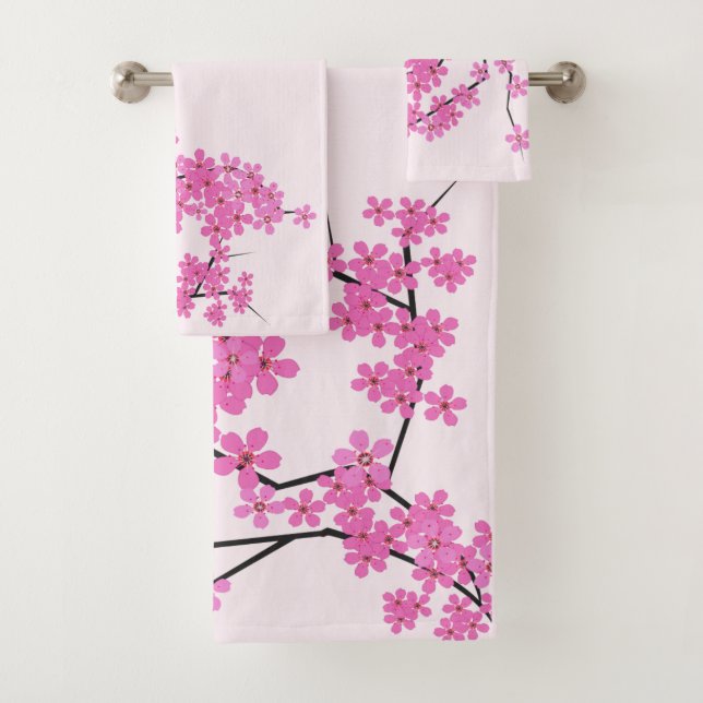 Ensemble de serviettes rose pâle en fleur de ceris (En situation)