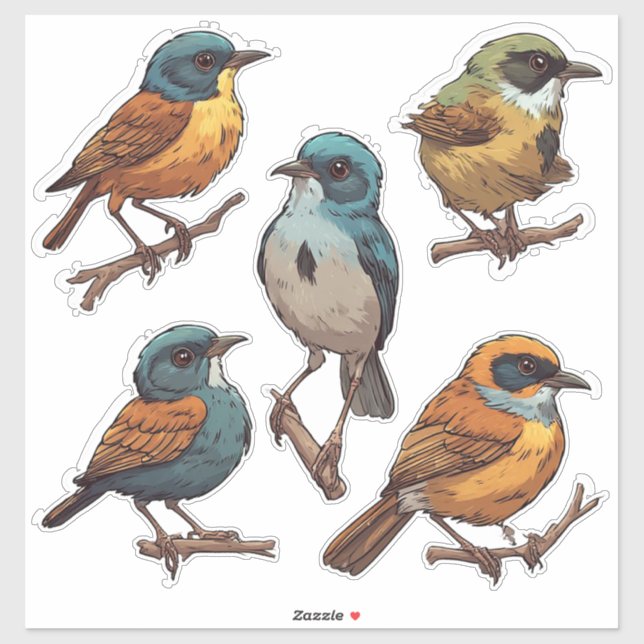 Ensemble de stickers d'oiseaux chanteurs de printe (Feuille)