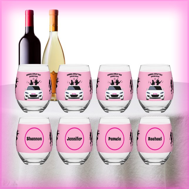 Ensemble de verres à vin Souvenirs de voyage entre (Girls Trip Memories Wine Glass Set Pink and Black)