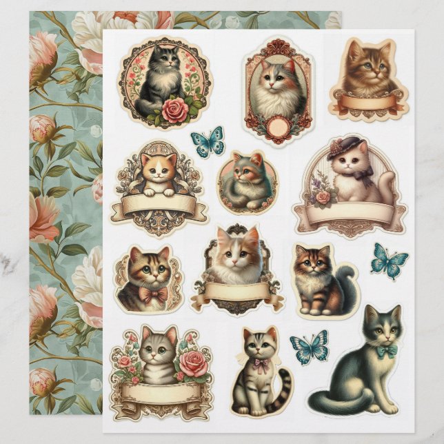 Ensemble d'étiquettes de chaton de style vintage & (Devant / Derrière)