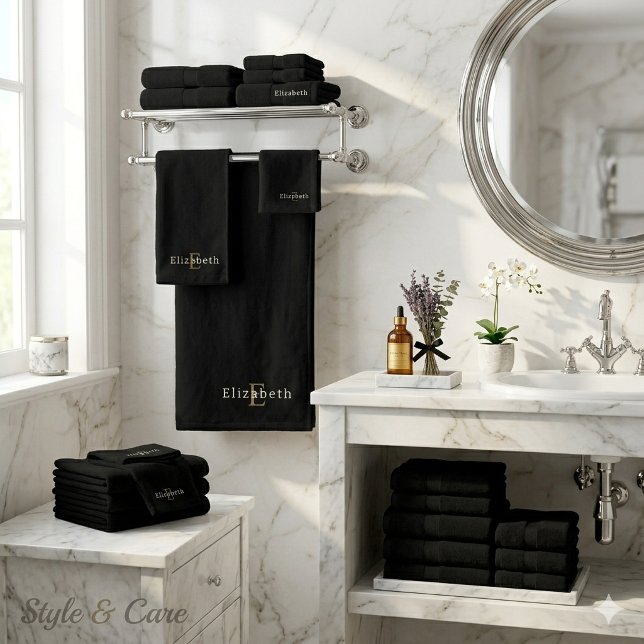 Ensemble élégant de serviettes de bain noires pers (Elegant Custom Black Bath Towel Set – 3 Piece)
