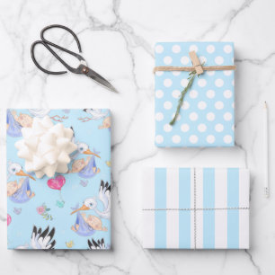 Ensemble papier cadeau Bébé garçon cigogne