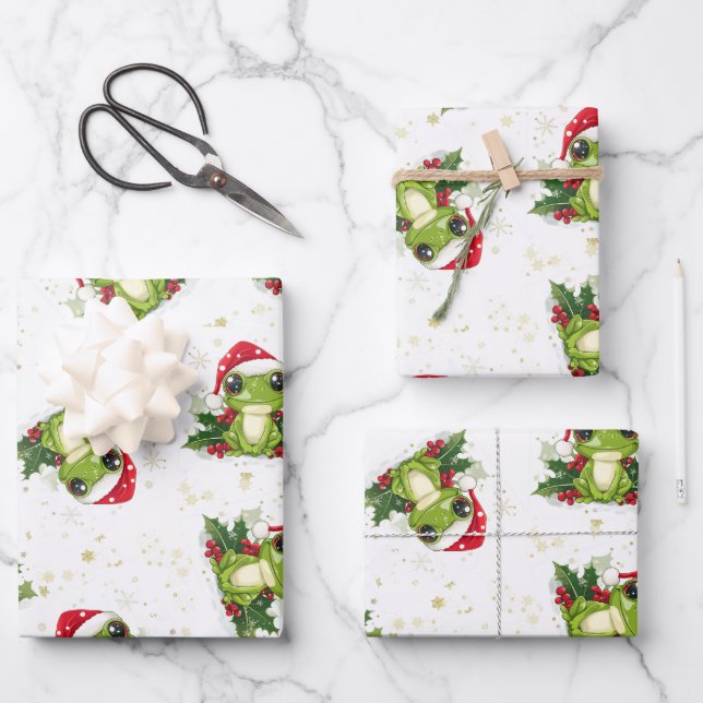 Ensemble papier cadeau Grenouille de Noël set de 3 (Recto)