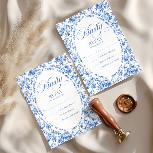 Ensemble RSVP de mariage Toile Roses Bleu Poussiér (Elegant Dusty Blue Toile Roses Wedding RSVP Set

)