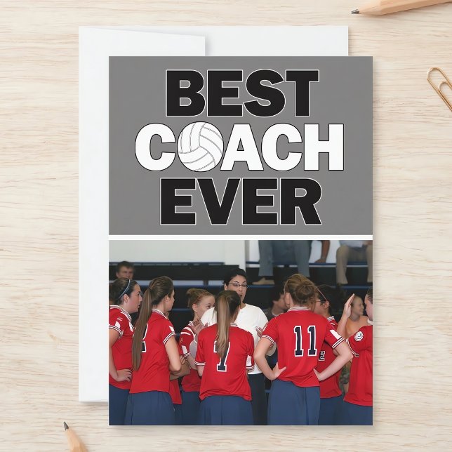Entraîneur de volleyball le meilleur jamais Merci  (Customizable volleyball coach thank you cards. Personalize with your own team photo!)