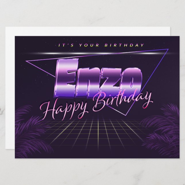 Enzo Nom Prénom lila retro Carte Anniversaire (Devant / Derrière)