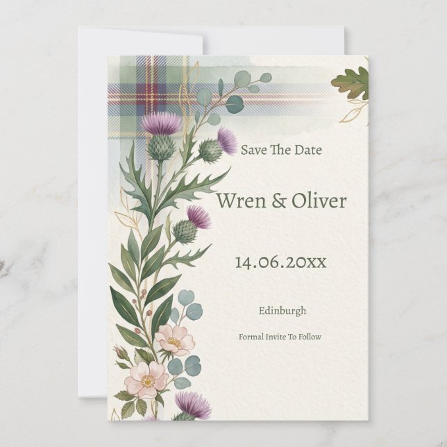 Épargnez la carte de mariage tartan à chardon de f (Devant)