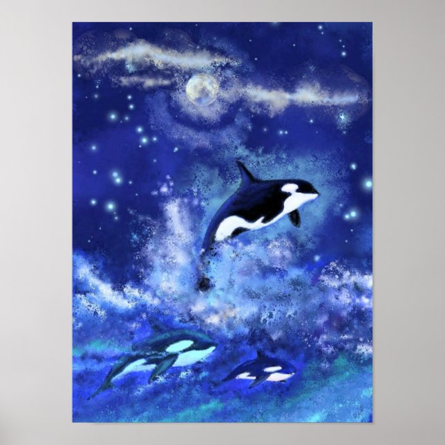 Épaulards sur affiche de peinture pleine lune bleu (Devant)
