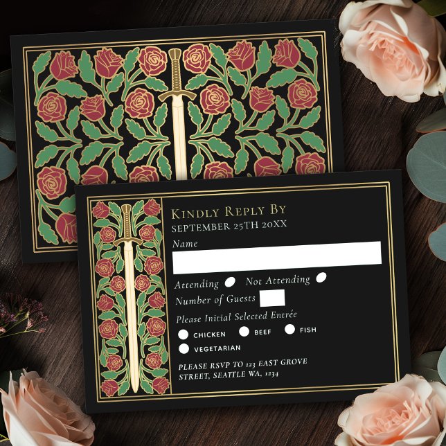 Épée florale médiévale noire or RSVP de mariage (Créateur téléchargé)