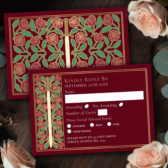 Épée florale médiévale rouge or RSVP de mariage (Créateur téléchargé)