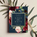 Épelle de fleur radiante Enregistrer la carte de d<br><div class="desc">Notre mariage Radiant Bloom enregistrez les images de vos détails mariages avec une bordure carré élégante de feuillage d'aquarelle luxuriante et des fleurs en rose rousse,  prune bordeaux et bleu poussiéreux,  avec de véritables garnitures en feuille d'or sur un arrière - plan bleu marine riche.</div>