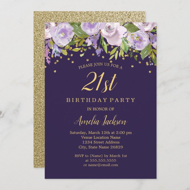 Éperche Floral Purple Gold 21e Invitation d'annive (Devant / Derrière)